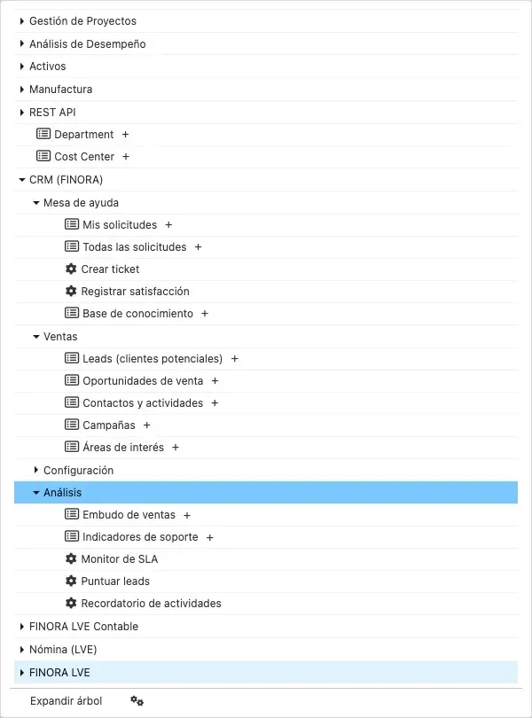 Menú principal con la carpeta CRM (FINORA) abierta y los submenús Mesa de ayuda, Ventas y Análisis desplegados; Configuración aparece cerrado