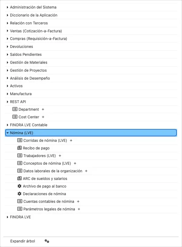 Menú Nómina desplegado con Trabajadores, Corridas de nómina, Conceptos, Recibo de pago, ARC, Archivo de pago al banco y Declaraciones de nómina