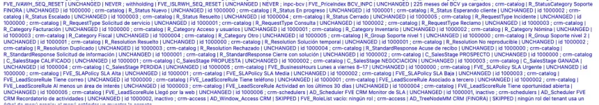 Resultado de Configurar tenant LVE en ensayo: líneas crm-catalog con estados, tipos, categorías, grupos, resoluciones, respuestas estándar, etapas de venta, horario hábil, políticas SLA y reglas de puntuación, y las líneas crm-schedulers y crm-access