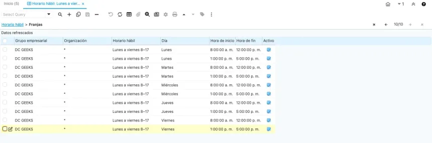 Ventana Horario hábil, pestaña Franjas del horario Lunes a viernes 8–17: diez franjas, dos por día de lunes a viernes, de 8:00 a 12:00 y de 1:00 a 5:00 p. m.