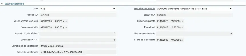 Grupo SLA y satisfacción de un ticket resuelto con el artículo que lo resolvió y el estado SLA Cumplido