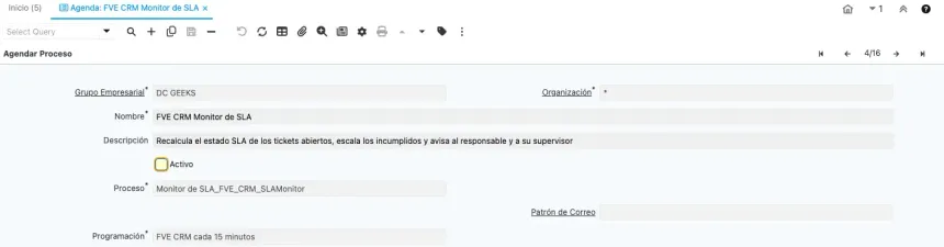 Ventana Agenda, pestaña Agendar Proceso, con el programador FVE CRM Monitor de SLA, la casilla Activo sin marcar, el proceso Monitor de SLA y la programación FVE CRM cada 15 minutos