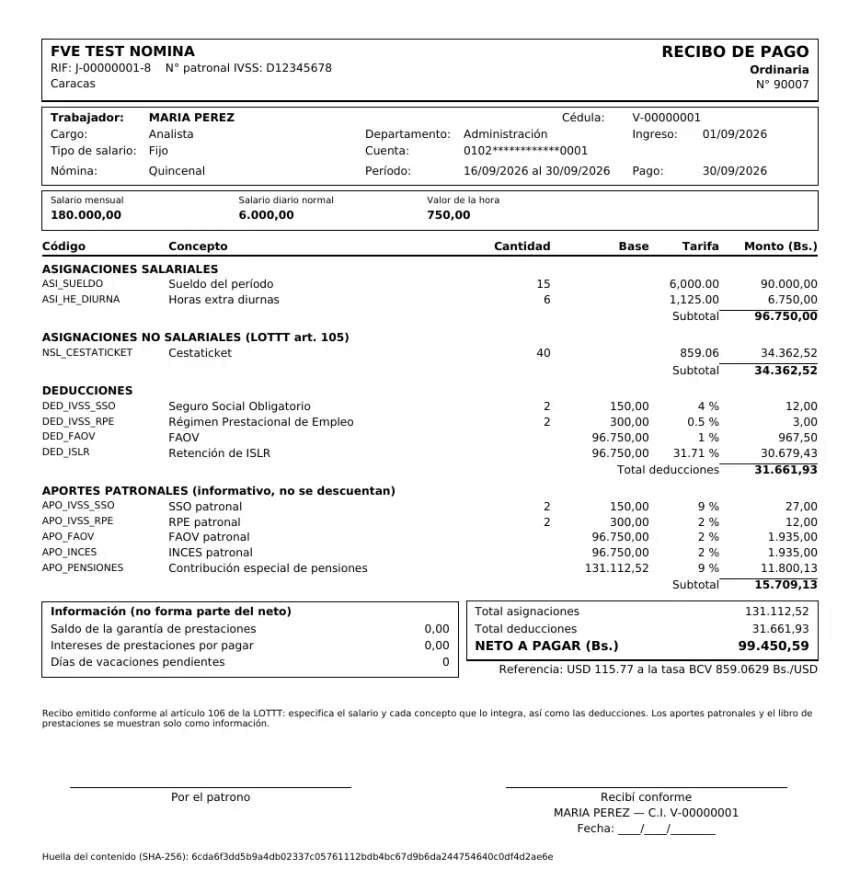 Recibo de pago en PDF de MARIA PEREZ, corrida ordinaria 90007 del 16/09/2026 al 30/09/2026: sueldo 90.000,00, horas extra 6.750,00, cestaticket 34.362,52, deducciones 31.661,93 y neto a pagar 99.450,59 Bs.
