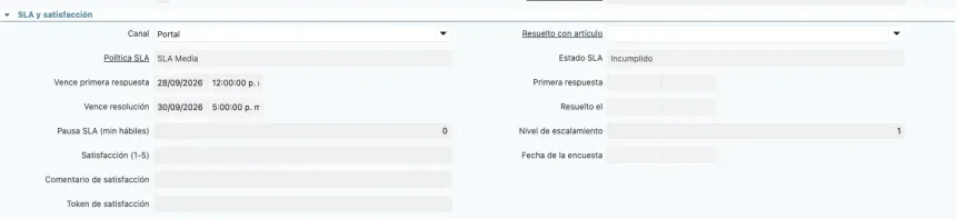 Grupo SLA y satisfacción del ticket 1000009: canal Portal, política SLA Media, estado SLA Incumplido y nivel de escalamiento 1