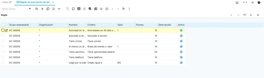 Ventana Reglas de puntuación de leads, pestaña Regla, en vista de lista con las siete reglas del asistente, su criterio, su valor y sus puntos