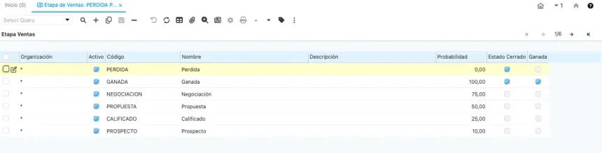 Ventana Etapa de Ventas en vista de lista con las seis etapas y su probabilidad: Prospecto 10, Calificado 25, Propuesta 50, Negociación 75, Ganada 100 y Perdida 0