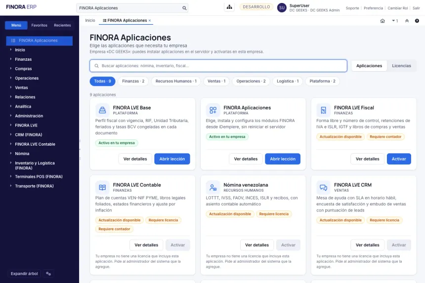 Ventana FINORA Aplicaciones con el buscador, las categorías y las tarjetas de Base, Aplicaciones, Fiscal, Contable, Nómina y CRM con sus estados y botones