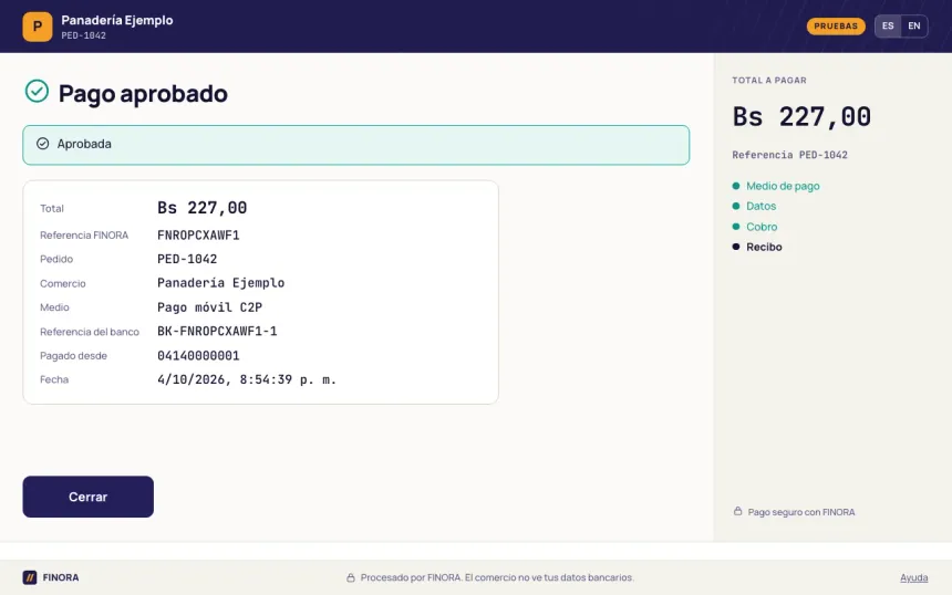Pantalla Pago aprobado con el recibo: total, referencia FINORA, pedido PED-1042, comercio, medio Pago móvil C2P, referencia del banco, teléfono de origen y fecha