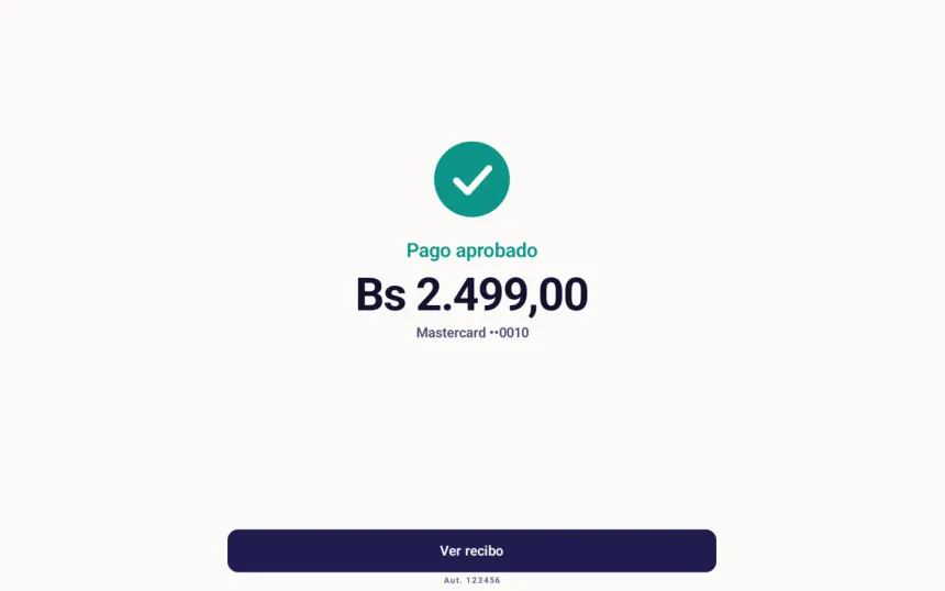 Pantalla Pago aprobado en verde con el monto, la marca y los últimos cuatro dígitos de la tarjeta y el número de autorización
