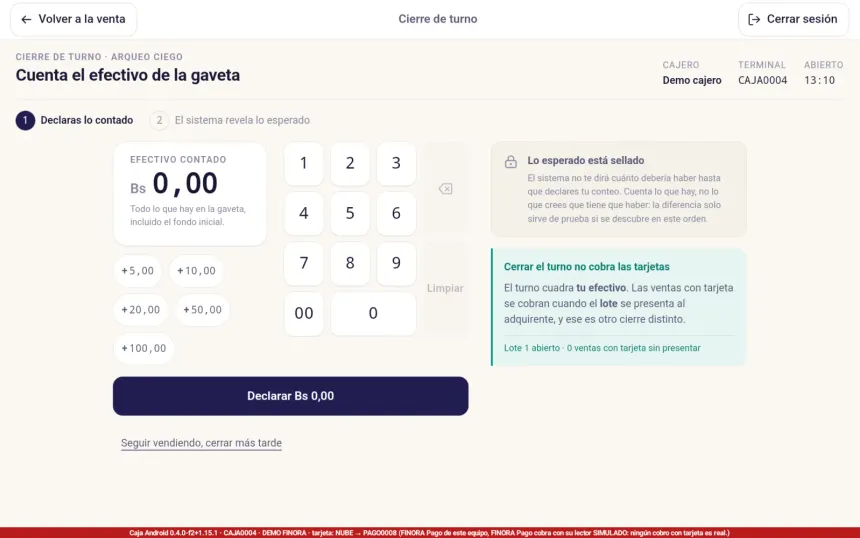 Pantalla Cierre de turno de FINORA Caja con el campo Efectivo contado y el botón Declarar, sin mostrar el monto esperado