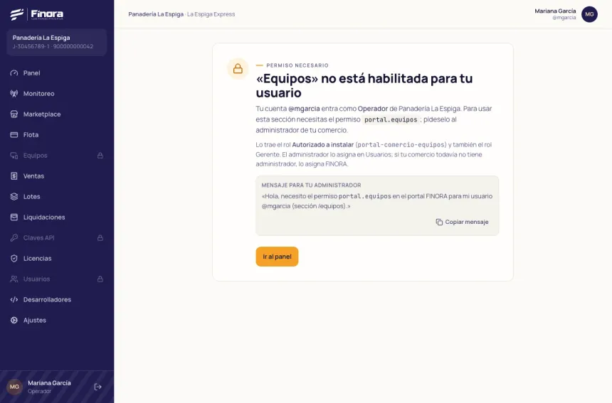 Pantalla Permiso necesario del portal: la sección Equipos no está habilitada para el usuario, el permiso que falta, el rol que lo trae y un mensaje para el administrador con el botón Copiar mensaje