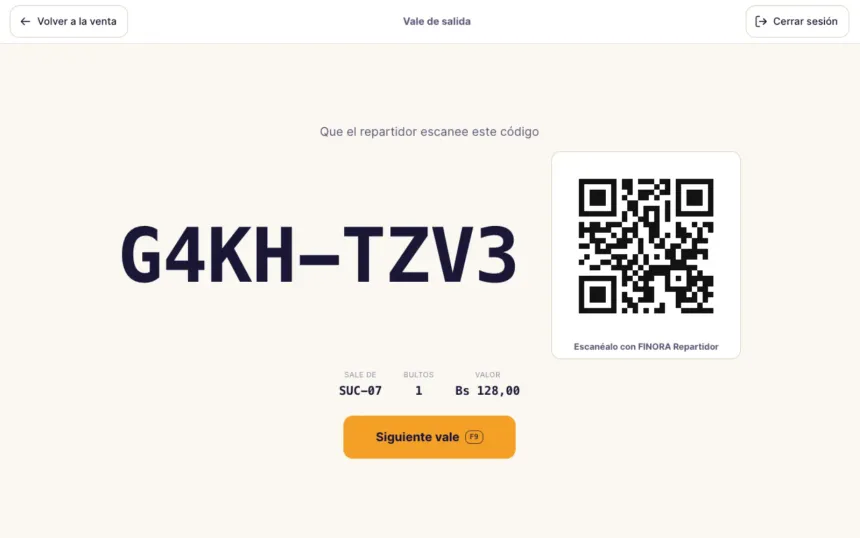 Vale cerrado en FINORA Caja: el código corto en grande y el mismo código como QR para el repartidor