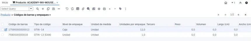 Pestaña Códigos de barras y empaques con dos filas: 17590000000013 GTIN-14 nivel Caja con 12 unidades por empaque, y 7590000000016 GTIN-13 (EAN) nivel Unidad con 1