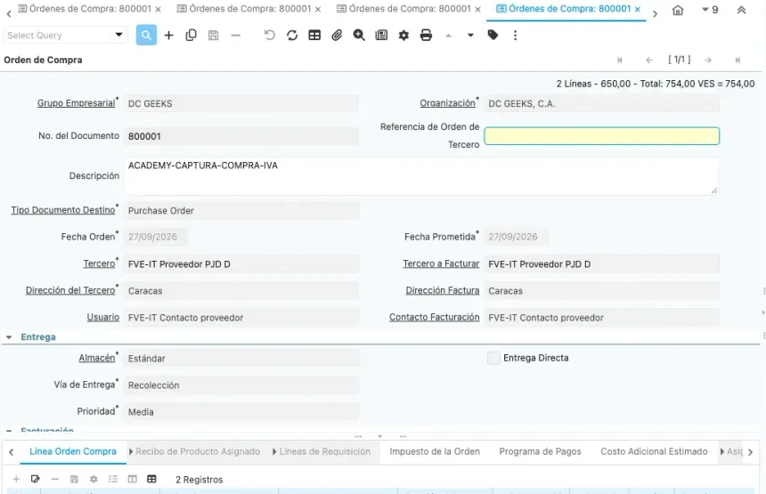 Ventana Órdenes de Compra con un proveedor de ejemplo, dos líneas de producto con IVA General 16% y el total de la orden