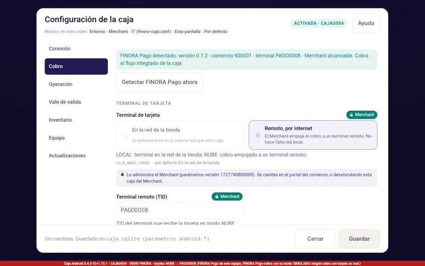 Pestaña Cobro de la configuración de FINORA Caja: FINORA Pago detectado con su versión, comercio y terminal