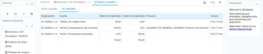 Consulta contable de una factura de compra de ejemplo con tres líneas: IVA crédito fiscal, compensación de inventario y proveedores nacionales