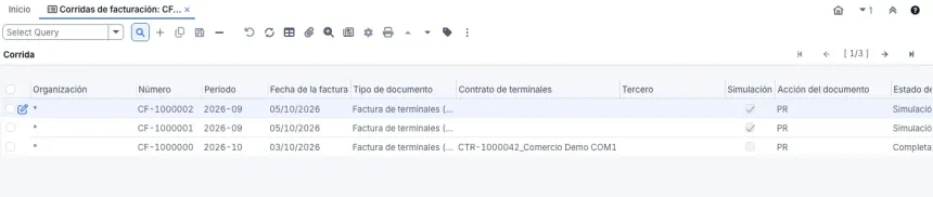 Ventana Corridas de facturación con tres corridas CF de prueba: dos simulaciones del período 2026-09 y una completada de 2026-10 para el contrato de un comercio de prueba