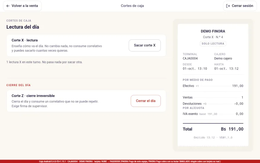 Pantalla Cortes de caja de FINORA Caja con una lectura X: desglose por medio de pago, ventas, devoluciones, IVA por alícuota y total
