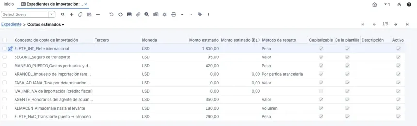 Pestaña Costos estimados con nueve conceptos creados por la plantilla FOB: flete internacional 1.800, seguro 95, gastos portuarios 420, arancel, tasa e IVA de importación en 0, agente 350, almacenaje 180 y transporte nacional 260, con su método de reparto