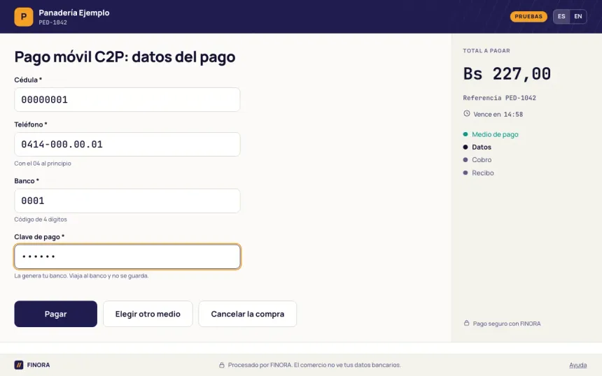 Formulario de Pago móvil C2P con cédula, teléfono, código de banco y clave de pago llenos con datos de prueba, y los botones Pagar, Elegir otro medio y Cancelar la compra