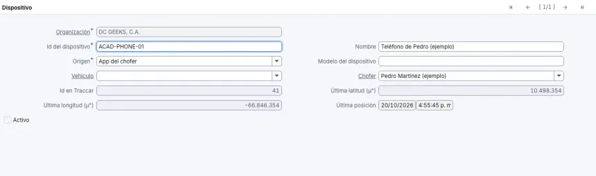 Ventana Dispositivo con el id ACAD-PHONE-01, origen App del chofer, el chofer de ejemplo y su última posición