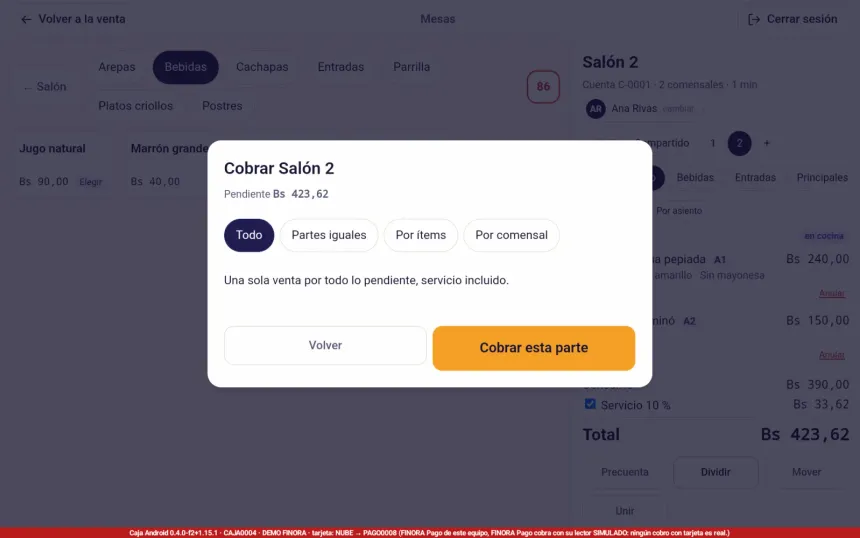 Diálogo Dividir de FINORA Caja con las opciones Todo, Partes iguales, Por ítems y Por comensal