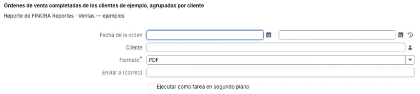Diálogo del reporte Ventas por cliente (ACADEMY) con Fecha de la orden desde y hasta, Cliente, Formato PDF y Enviar a (correo)