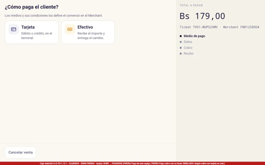 Diálogo ¿Cómo paga el cliente? de FINORA Caja con las opciones Tarjeta y Efectivo sobre una orden con artículos