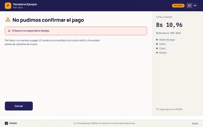 Pantalla No pudimos confirmar el pago con el aviso El banco no respondió a tiempo y el texto Por favor, no vuelvas a pagar
