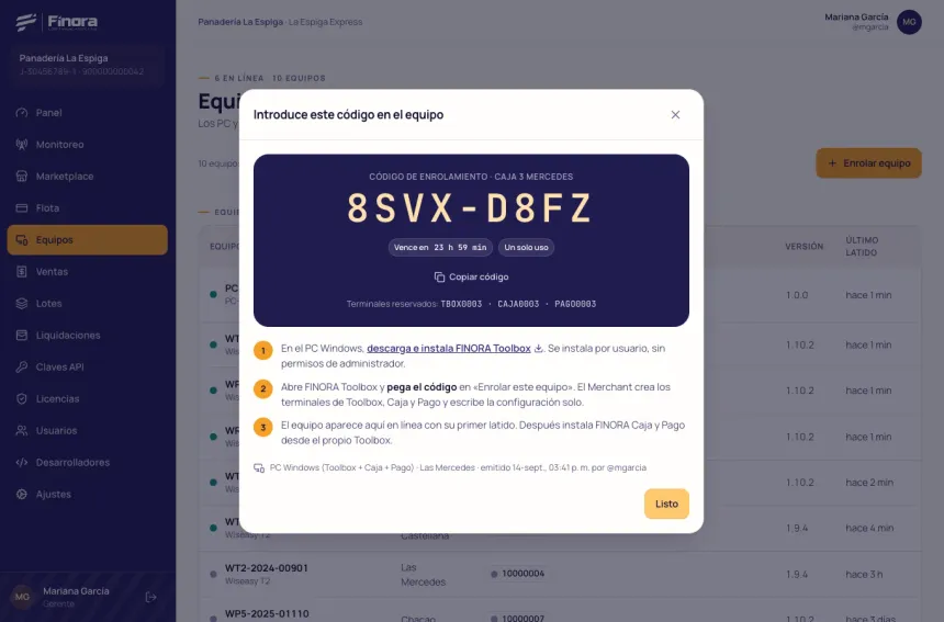 Diálogo con el código de enrolamiento en grande, el aviso Vence en 23 h 59 min, Un solo uso y los tres terminales reservados para Toolbox, Caja y Pago