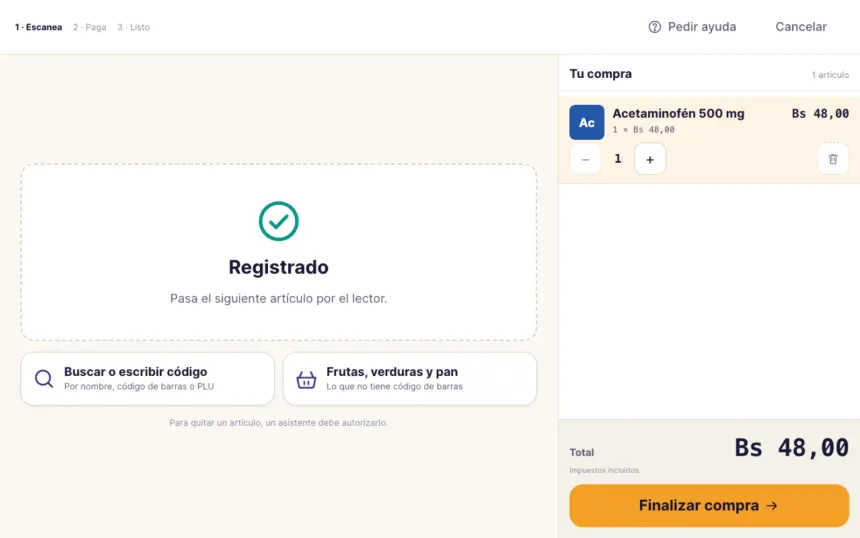 Pantalla de escaneo del autoservicio de FINORA Caja: a la izquierda Escanea tus artículos, a la derecha la compra con el total en vivo y el botón Finalizar compra
