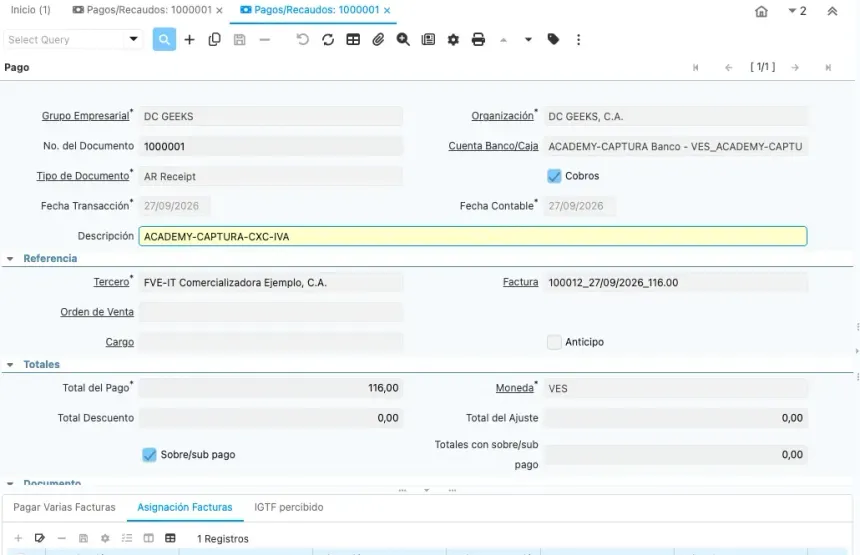 Cobro completado de un cliente de ejemplo por 116,00 VES con la pestaña de asignación mostrando la factura pagada