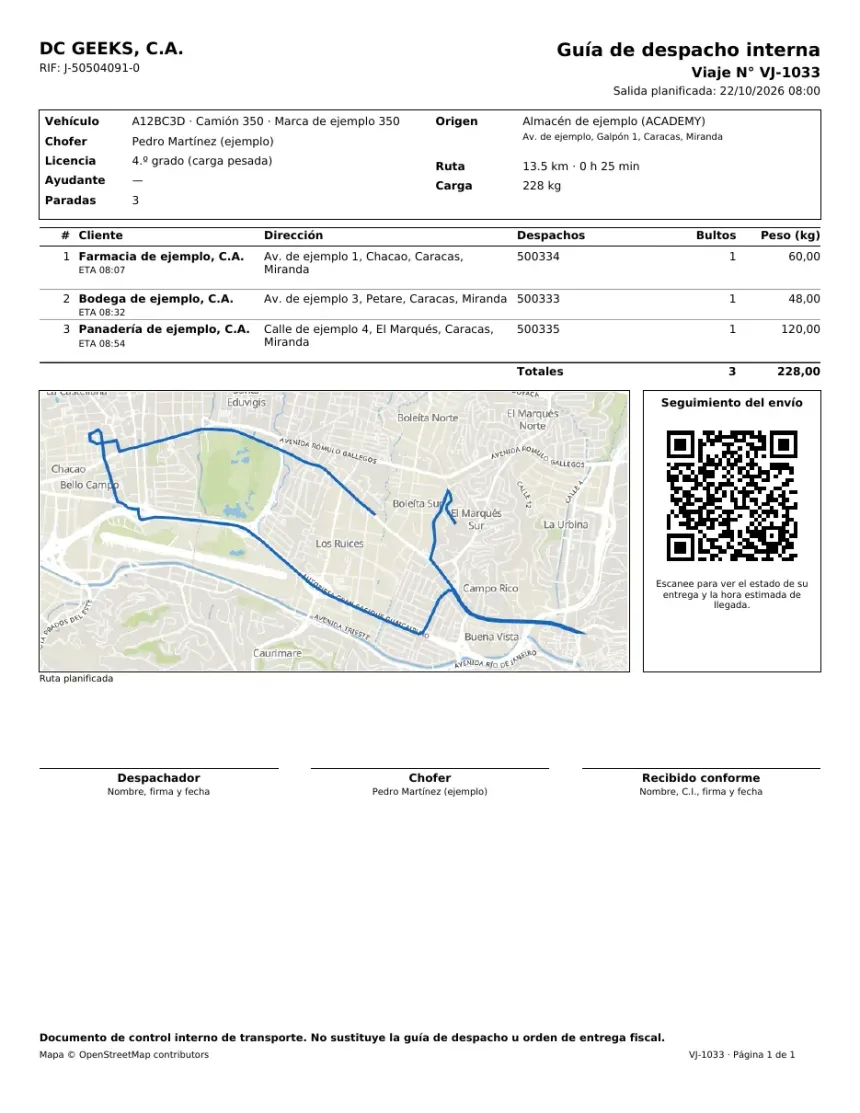 Guía de despacho interna del viaje VJ-1033 con vehículo, chofer, tres paradas con su ETA, mapa de la ruta en Caracas y código QR de seguimiento