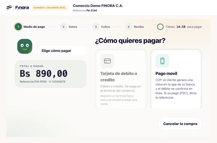 Ventana inmersiva de FINORA Pago con el rótulo Sandbox sin dinero real, el comercio de demostración, los cuatro pasos, el total Bs 890,00 y las opciones Tarjeta de débito o crédito y Pago móvil