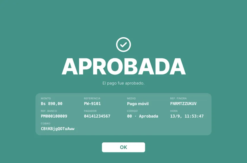 Veredicto APROBADA a toda pantalla con el monto, la referencia, el medio, la referencia del banco, el código 00 y la hora