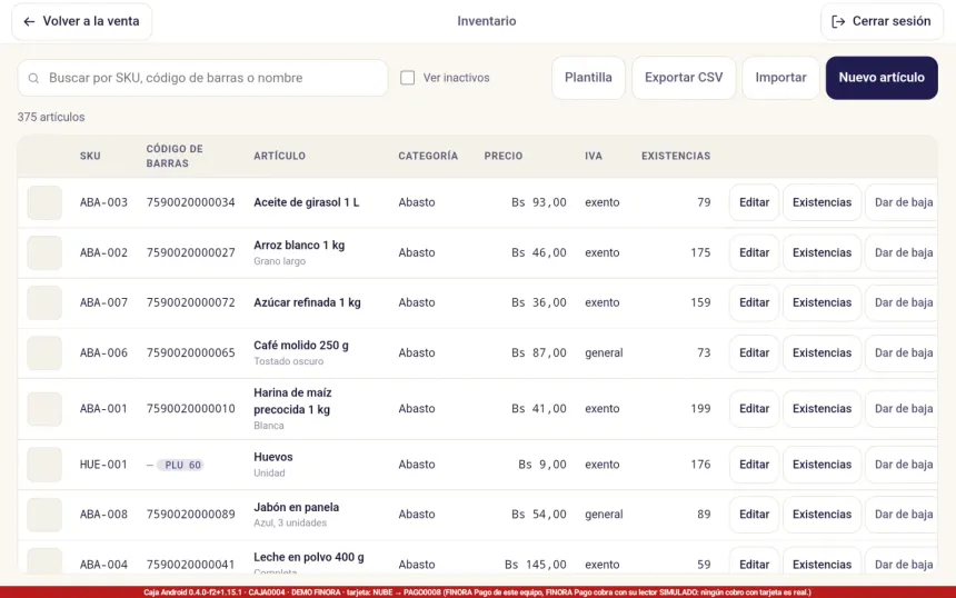 Pantalla Inventario de FINORA Caja con la lista de artículos: SKU, código de barras, artículo, categoría, precio, IVA y existencias, y los botones Plantilla, Exportar CSV, Importar y Nuevo artículo