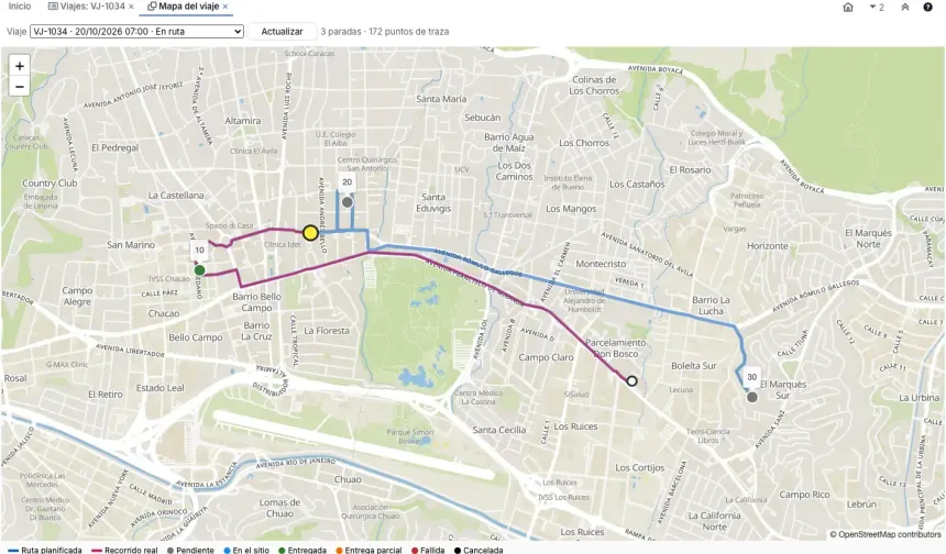 Mapa del viaje VJ-1034 en ruta sobre Caracas con la ruta planificada en azul, el recorrido real en morado, la parada 10 entregada en verde, las paradas 20 y 30 pendientes en gris y el vehículo en amarillo