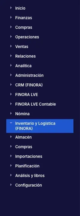 Menú lateral de FINORA ERP con la carpeta Inventario y Logística (FINORA) abierta y sus seis partes: Almacén, Compras, Importaciones, Planificación, Análisis y libros y Configuración