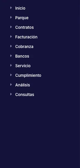 Menú lateral de FINORA ERP del rol de gerencia de terminales: Inicio, Parque, Contratos, Facturación, Cobranza, Bancos, Servicio, Cumplimiento, Análisis y Consultas
