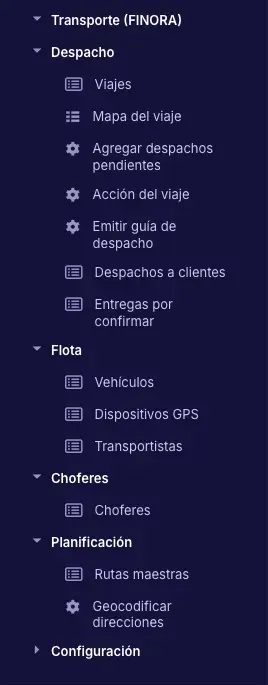 Menú Transporte (FINORA) desplegado con las carpetas Despacho, Flota, Choferes y Planificación y sus entradas