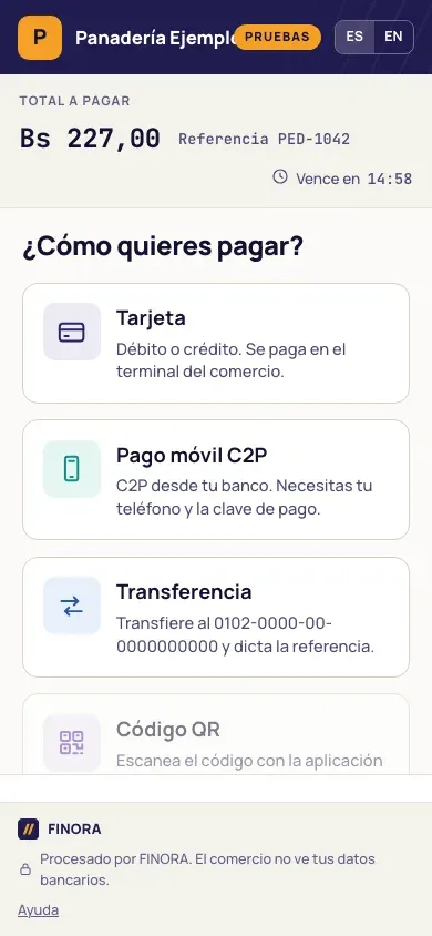 Página de pago en un teléfono: el total y la referencia arriba y las tarjetas de medios en una columna