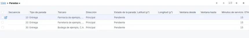 Pestaña Paradas con tres paradas de entrega pendientes a clientes de ejemplo