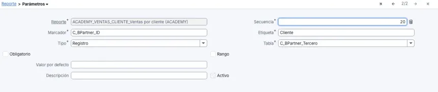 Formulario del parámetro C_BPartner_ID: tipo Registro, etiqueta Cliente y tabla C_BPartner