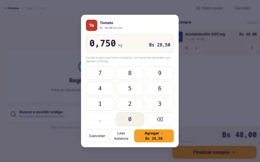 Teclado de cantidad del autoservicio para un artículo que se vende por peso, con el importe calculado