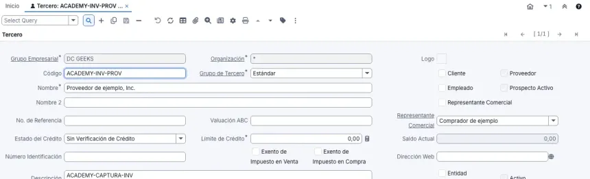 Ventana Tercero con el proveedor ficticio ACADEMY-INV-PROV, Proveedor de ejemplo, Inc., grupo Estándar, la casilla Proveedor marcada y el campo Número Identificación