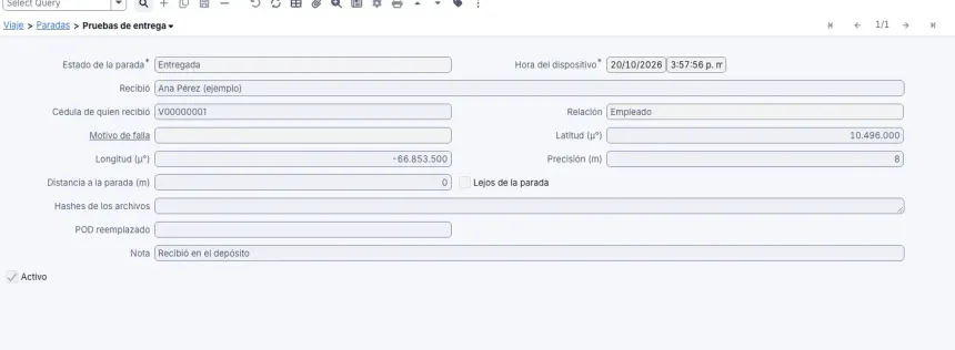Prueba de entrega de la parada 10: recibió Ana Pérez (ejemplo), relación Empleado, a 0 m de la parada, con la nota Recibió en el depósito