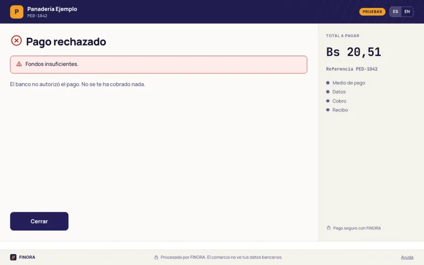 Pantalla Pago rechazado con el aviso Fondos insuficientes y el texto El banco no autorizó el pago. No se te ha cobrado nada