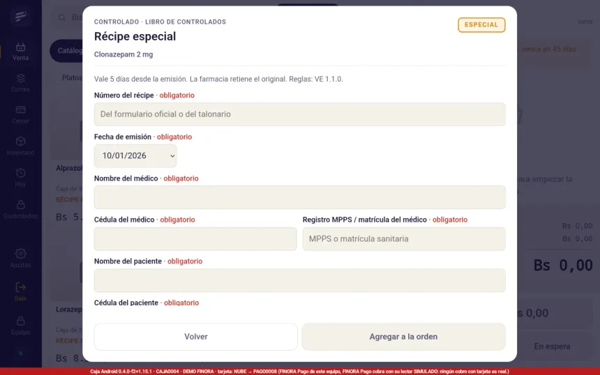 Hoja Récipe especial de FINORA Caja para un medicamento controlado con los campos obligatorios del récipe, del médico y del paciente vacíos