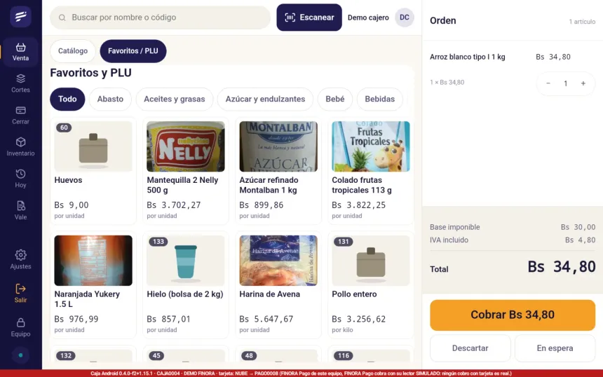 Pestaña Favoritos / PLU de FINORA Caja con una rejilla de artículos, cada uno con su número PLU y su precio