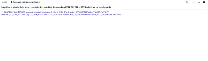 Resultado de Resolver código escaneado para el código de la caja: ACADEMY-INV-MOUSE Mouse inalámbrico (ejemplo), Cant. 12, seguido de los mismos datos en formato técnico